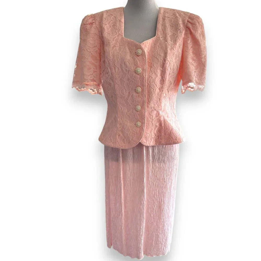 VTG 90s Leslie Fay Petites pink lace floral short sleeve blazer & crepe skirt 8P